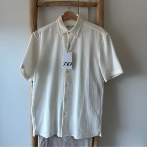 NWT Zara Men’s Cream Linen Resort Button Down Polo Shirt - Size Small